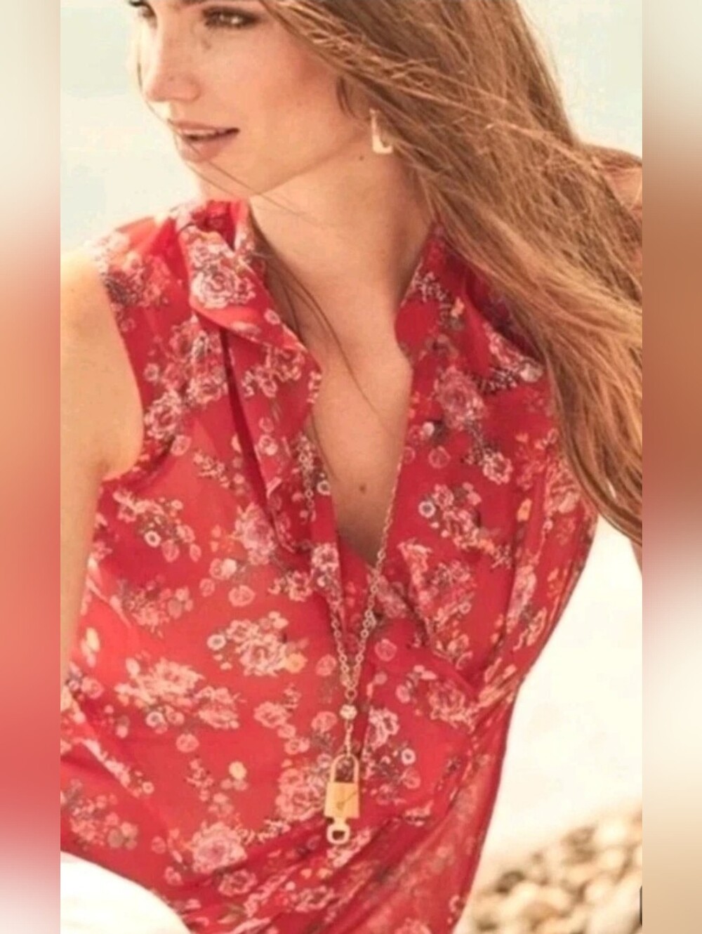 Cabi Crush Ruffle Blouse Red Floral Sleeveless V-Neck Top 5219 Medium Semi Sheer - Picture 2 of 7